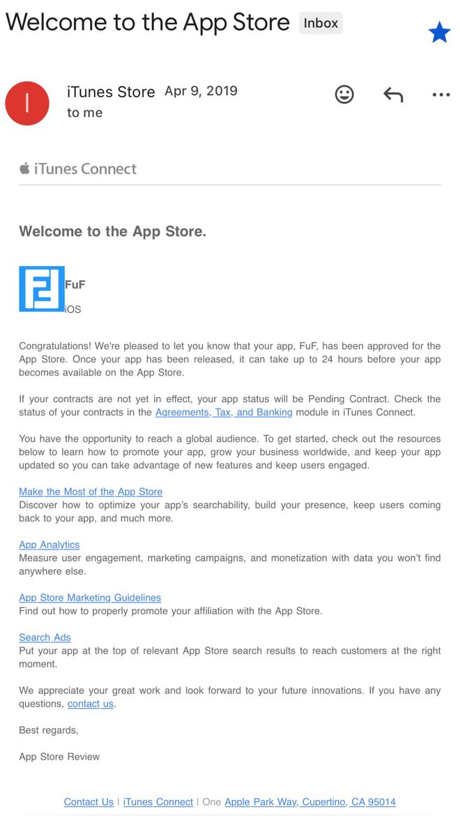 Apple App Store approval notice for FuF, April 2019